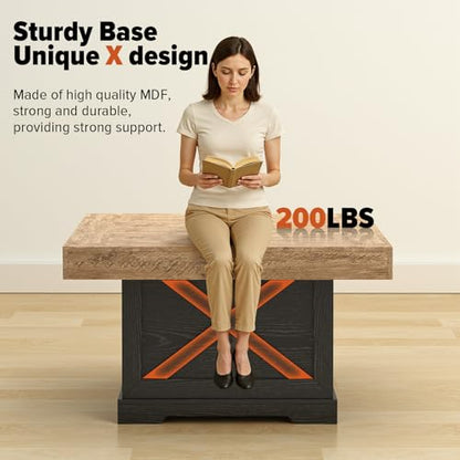 31.5 in Rustic Coffee Table for Living Room with X-Design, Square | Farmhouse Center Table, Wooden Pedestal, Small Space, Home Office Tea Accent Table for Apartment, Easy Assembly, Dark Oak