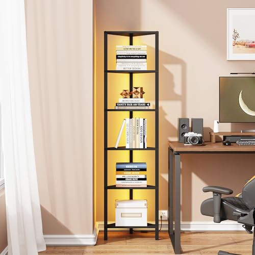 Corner Shelf with LED Light, 6-Tier Corner Bookshelf for Small Space, Narrow Display Corner Shelf Stand with Storage Rack, for Living Room, Bedroom, Black BS05BK006L