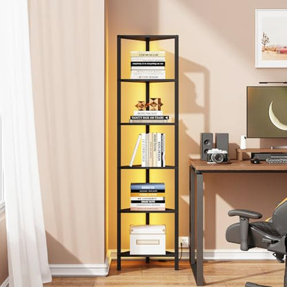 Corner Shelf with LED Light, 6-Tier Corner Bookshelf for Small Space, Narrow Display Corner Shelf Stand with Storage Rack, for Living Room, Bedroom, Black BS05BK006L