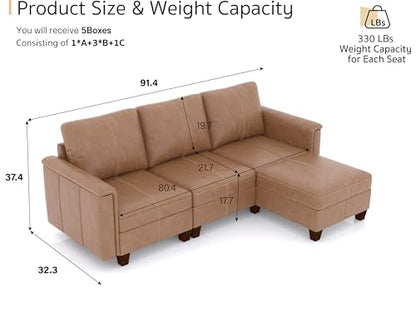 Faux Leather Modular Sectional Sofa with Storage, Mid Century Modern Sectional Couches for Living Room, 91" Wide 3 Seater L-Shaped Couch with Ottoman, Brown