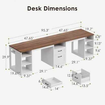 Farmhouse 95.3 Inch Two Person Computer Desk, Walnut+ White, view 4