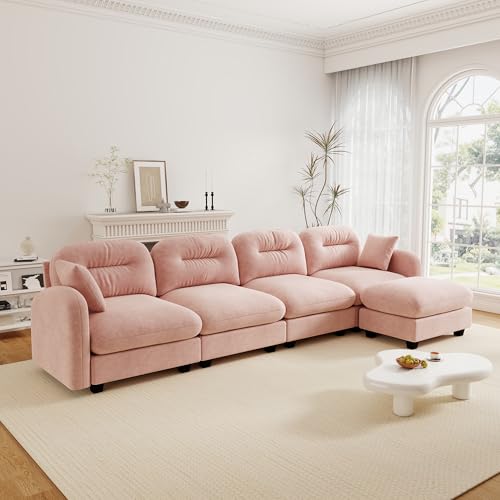 Cloud Couches for Living Room, Modular Sectional Sofa, 140" L-Shape Modular Couch with Movable Ottoman, Oversized Sectional Couch with Deep Seat, Pink