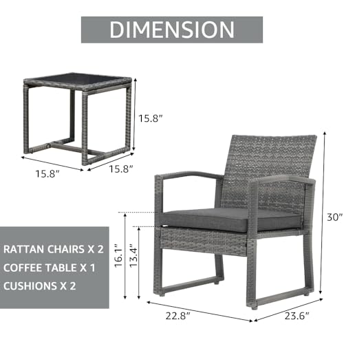 3 Piece Outdoor Patio Furniture Conversation Set, Rattan Chair Set With Coffee Table, For Garden, Balcony, Backyard, Poolside (Dark Grey)