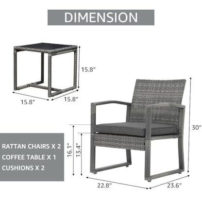 3 Piece Outdoor Patio Furniture Conversation Set, Rattan Chair Set With Coffee Table, For Garden, Balcony, Backyard, Poolside (Dark Grey)