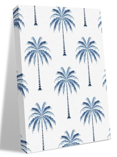 NuYeBiofx Blue Palm Tree Tropical Coastal Canvas Wall Art Prints,48"x32" Framed Picture Artwork Summer Leaves Minimalist Printed Canvas Oil Painting for Living Room Bedroom Office,Ready to Hang