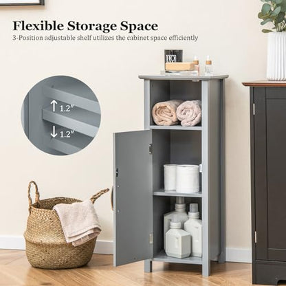 LUARANE Wooden Bathroom Floor Storage Cabinet, Side Storage Organizer Cabinet with 1 Door Open Shelf Adjustable Shelves, Small Free Standing Sideboard for Entryway Living Room Kitchen (Gray)