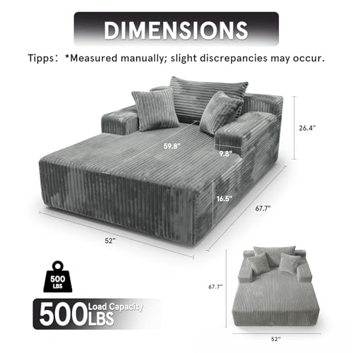 Chaise Lounge with Armrests, Oversized Sofa Bed with 3 Pillows, Cozy Couch, view 3