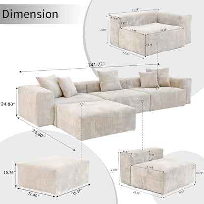 Cloud Couch Modular Sectional Sofa,141.73inch L Shaped Couch,Oversized Corduroy Couches with Ottoman and Pillows, Beige 4 Seaters Cushion Covers Removable& Washable