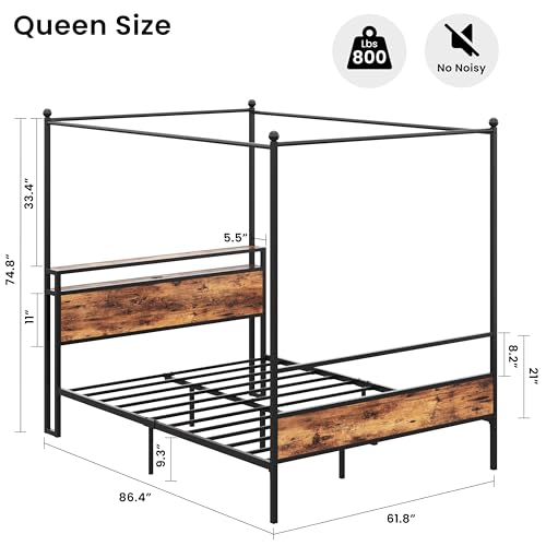 Canopy Bed Frame Queen with Storage Headboard & Charging Station, view 3
