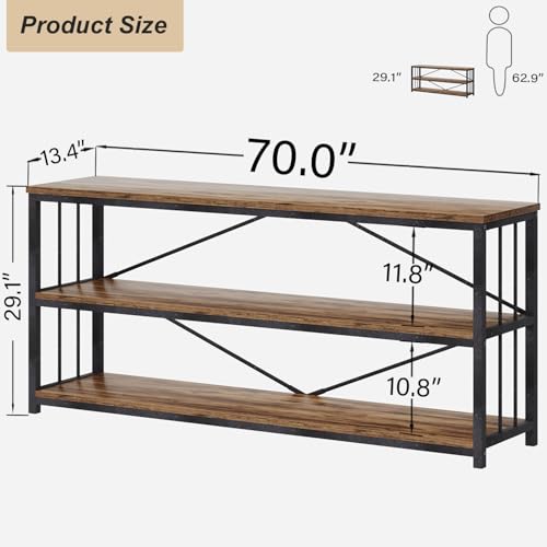 Horizontal Low Bookshelf, Extra Long Industrial Wood 3 Tier Bookcase, Wide Open Metal Large Book Shelf for Bedroom Living Room, Rustic Brown, 70 Inch