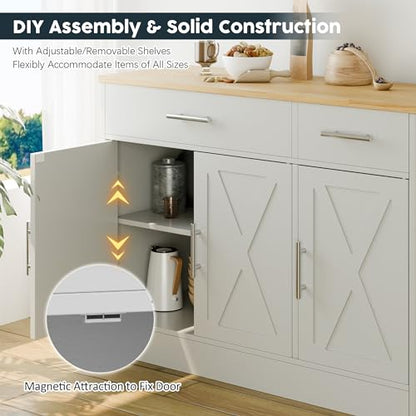 Sideboard Buffet Cabinet with Storage, Kitchen Storage Cabinet with 3 Doors and 2 Drawers, Farmhouse Coffee Bar with Adjustable Shelf for Living Room, White&Yellow