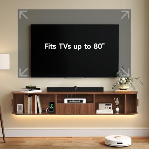 70" Floating TV Stand with Drawer for TVs up to 80", Walnut, view 5