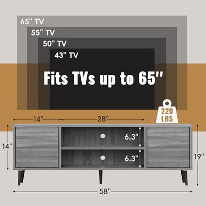 Mid Century Modern TV Stand for 65 inch TV, Entertainment Center with Storage, Media Console with Sturdy Legs, Push-to-Open Cabinets, Wooden Living Room Furniture, Bright Gray
