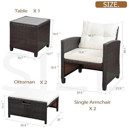 Patio Chair with Ottoman, 5 Pieces Patio Furniture Set Small Balcony Furniture, Rattan Patio Chairs Set of 2 with Glass Table for Front Porch Garden (Beige)