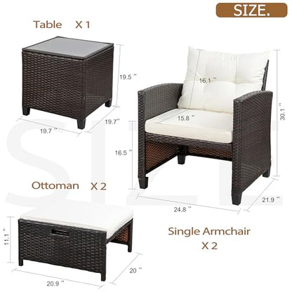Patio Chair with Ottoman, 5 Pieces Patio Furniture Set Small Balcony Furniture, Rattan Patio Chairs Set of 2 with Glass Table for Front Porch Garden (Beige)