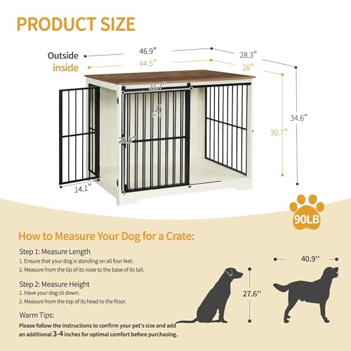 XXL Large Dog Crate Furniture, 46.9" Indoor Dog Kennel Furniture with Barn Door, Wooden Tall Dog Crate, Heavy Duty Dog Cage for Large Dogs, Side End Table, Anti-Chew, White Brown DFC83814B