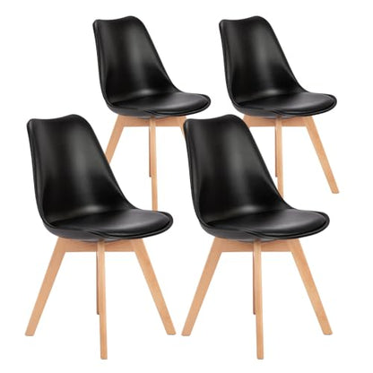 Set of 4 Dining Kitchen Mid-Century Modern Chairs with Wood Legs and PU Leather Cushion, Upholstered Seating for Living Room Bedroom Outdoor Lounge, Black