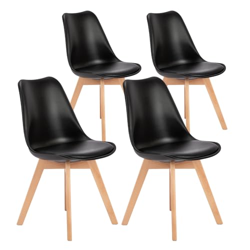 Set of 4 Dining Kitchen Mid-Century Modern Chairs with Wood Legs and PU Leather Cushion, Upholstered Seating for Living Room Bedroom Outdoor Lounge, Black