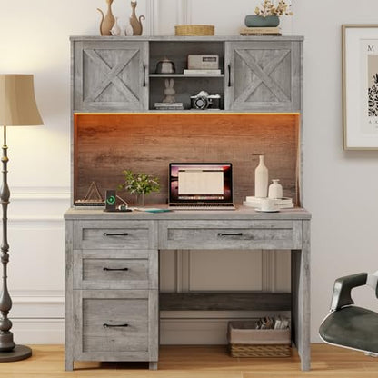 Farmhouse 67" H Executive Desk with Hutch & Drawers, Grey, view 2