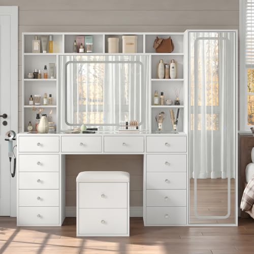 71'' Vanity Desk with LED Lights & Body Mirror, Hidden Cabinet, White, view 5