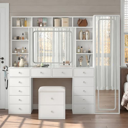 71'' Vanity Desk with LED Lights & Body Mirror, Hidden Cabinet, White, view 5