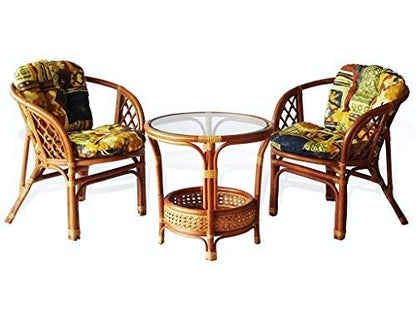 Lounge Set of 3: 2 Natural Rattan Wicker Bahama Armchairs with Cushion and Round Coffee Table Handmade Tropical Style, Cognac