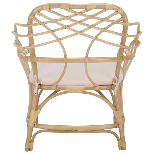 SAFAVIEH Home Collection - Junie Tropical Rattan Dining Chair, Natural & Cream Upholstered Seat, Coastal Boho Accent Chair, Fully Assembled (SEA8040A)