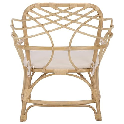 SAFAVIEH Home Collection - Junie Tropical Rattan Dining Chair, Natural & Cream Upholstered Seat, Coastal Boho Accent Chair, Fully Assembled (SEA8040A)