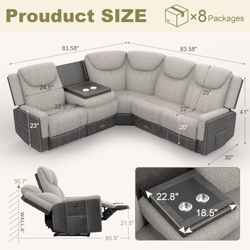 Manual Recliner Sectional Sofa for Living Room, Corner Couch with Flip Middle Backrest, USB Ports & Cup Holders, Grey Linen & Chocolate Leather, 5 Seater Sectional Couch