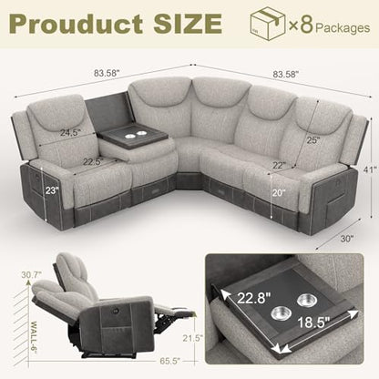 Manual Recliner Sectional Sofa for Living Room, Corner Couch with Flip Middle Backrest, USB Ports & Cup Holders, Grey Linen & Chocolate Leather, 5 Seater Sectional Couch