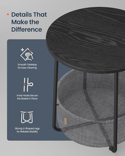 Small Side Table, Round End Table, 2 Tier Nightstand with Basket, U Shaped Steel Legs, Easy Assembly, for Living Room, Bedroom, Black and Gray