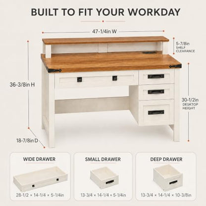 47 Inch Farmhouse Computer Desk with 4 Drawers Power Outlets USB Ports, view 3