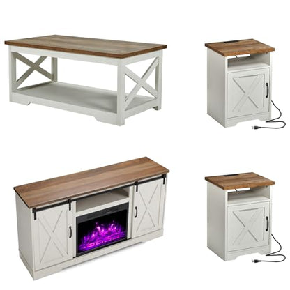 5-Piece Farmhouse Table Set Includes Fireplace TV Stand, Coffee Table& Two End Tables with Charging Station and USB Ports, for Living Room, Distressed White, 63"