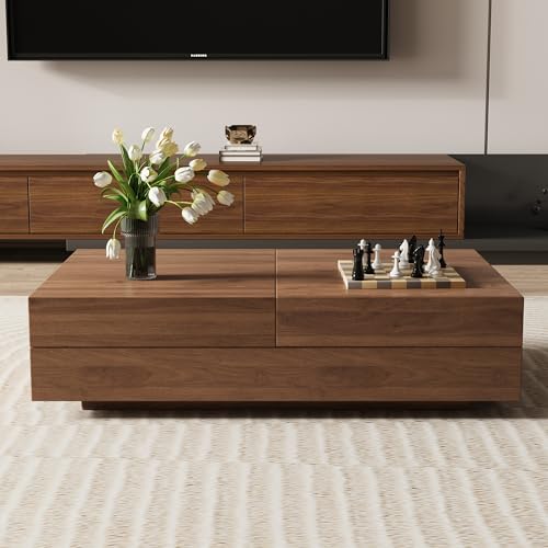 Mid-Century Expandable Coffee Table with Storage – 47.2"-81.9" Adjustable Center Table for Living Room, Walnut Wood Finish