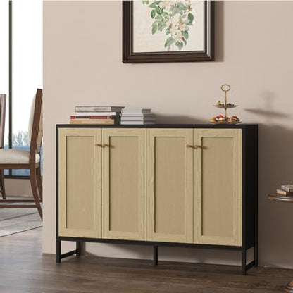 Sideboard Accent Storage Cabinet with Rattan Decorated 4 Doors Dining Room Freestanding Kitchen Buffet Table Cupboard (Black)