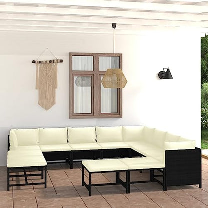 12-Piece Modular Garden Lounge Set Black and Cream White Synthetic Poly Rattan Outdoor Patio Furniture for Deck Porch Balcony and Backyard Seating