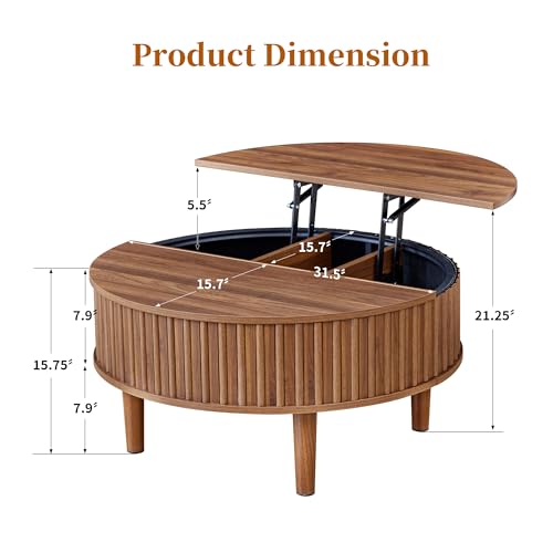 Round Lift Top Coffee Table with Storage, Fluted Mid Century Modern Coffee Tables, Small Space,31.5" Wooden Center Table for Living Room, Apartment, Office (Walnut)