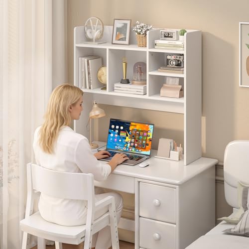 Desk Hutch with 6 Shelves, Desktop Organizer Shelf for Office Dorm, White, view 5