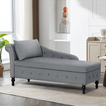 Velvet Chaise Lounge w/Left Armrest & Storage Space, Grey, view 2