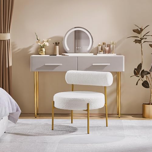 Yaheetech Boucle Accent Chair, Modern Tufted Vanity Chair, Cozy Sherpa Barrel Chair with Gold Legs, Club Chair for Living Room Bedroom Vanity Room Home Office, White