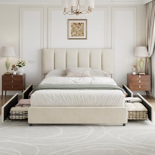 Full Size Bed Frame with 4 Storage Drawers, Adjustable Height Headboard, view 5