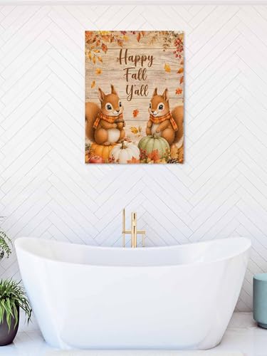 NuYeBiofx Happy Fall Y'all Words Squirrel Canvas Wall Art Prints,48"x32" Framed Picture Artwork Farm Wood Board Background Printed Canvas Oil Painting for Living Room Bedroom Office,Ready to Hang