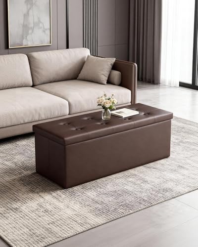 43" Storage Ottoman Bench, Folding Faux Leather Chest, Brown | Stroage Box with 2 Dividers, Foot Rest Stool, Padded Seat for Bedroom, Entryway, Living Room