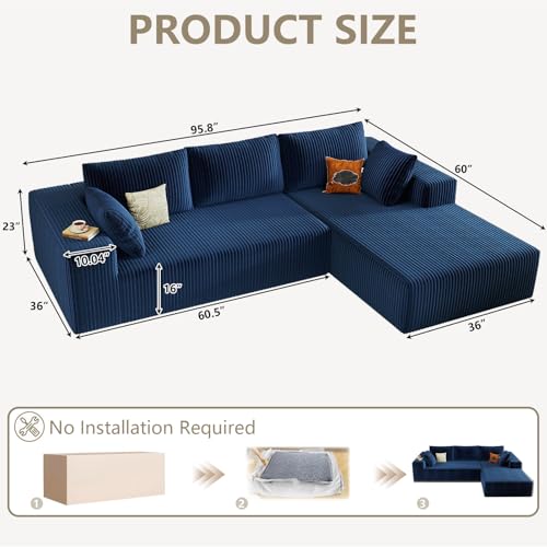 96" Cloud Sectional Couch with L-Shaped Chaise, Modern Corduroy Sectionals Couches with Deep Seat, Boneless Sofa 3 Seater for Living Room, No Assembly Required (Blue, Right Facing Chaise)
