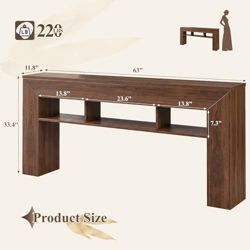 63 Inches Long Console Table for Entryway Sofa Table with Extra Storage Shelves Farmhouse Wood Behind Couch for Hallway, Entrance, Living Room, Foyer, Dark Brown