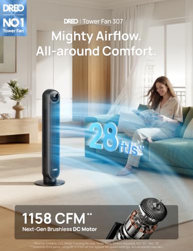 DREO Tower Fan for Bedroom, 28ft/s Velocity, Ultra Quiet Fan, 8 Speeds, view 4