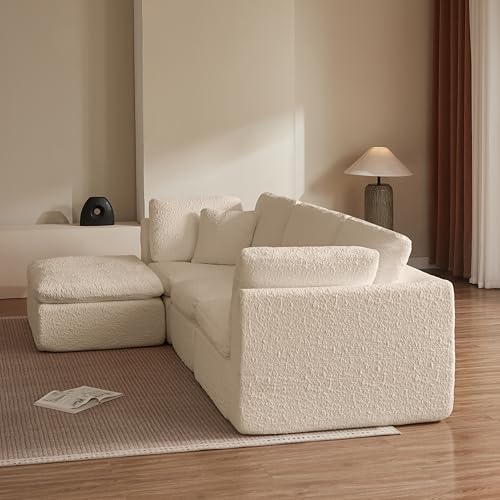 110" Cloud Sectional Couches for Living Room, Convertible L Shape Couch with Ottoman, 3 Seater Modular Sectional Sofa, Warm White Beige