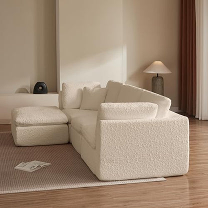 110" Cloud Sectional Couches for Living Room, Convertible L Shape Couch with Ottoman, 3 Seater Modular Sectional Sofa, Warm White Beige