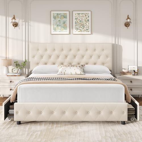 Modern Queen Size Upholstered Bed Frame with 4 Storage Drawers, Button Tufted Headboard Design, Solid Wooden Slat Support, Easy Assembly, Soft Velvet, Beige