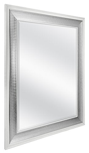 28.5x34.5 Large Wall Mirror, White Frame with Woven Silver Detail & Beveled Detail Mirror, Vertical & Horizontal Wall Hanging Mirror for Bathroom, Bedroom & Livingroom